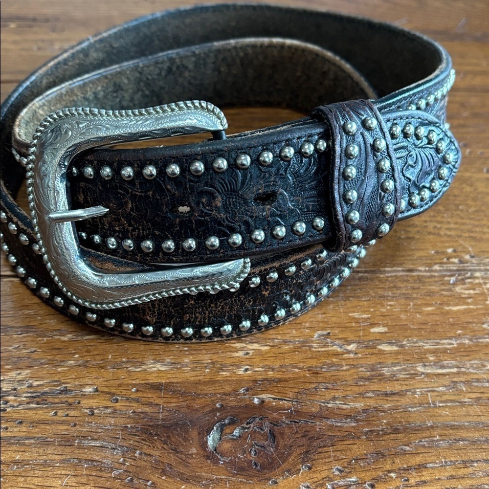 Vintage Brown Leather Tooled Silver Studded Western Belt Men’s Size 38
